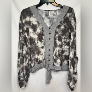 Cato Gray Tie Dye Waffle Knit Button Front Tie Hem Top Women’s XL Long Sleeve